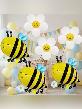6 pc Large Smiley Bee and Daisy Party Balloon Set - White & Yellow